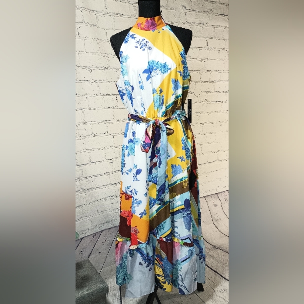 Slvls MockNeck Blue ScarfPrint Ruffled SheathDress White